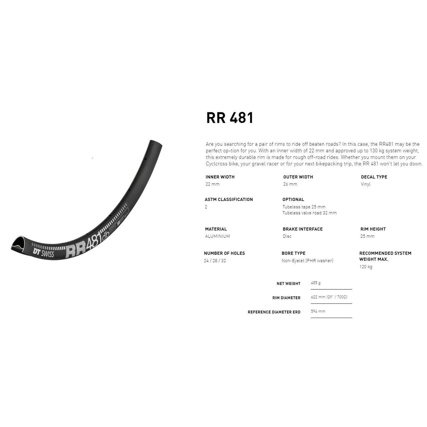 Dt Swiss RIM RR481 700c DB 24h black 22 wide