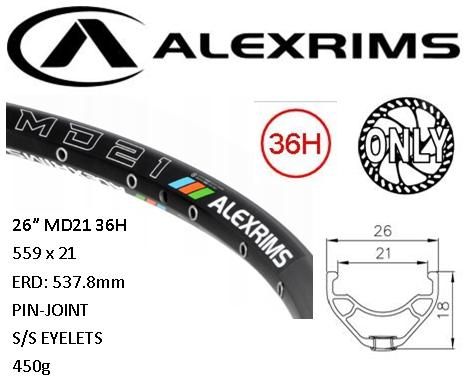 AlexRimsRims MD21 26" Disc Brake Rim - Tubeless Ready