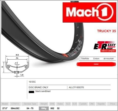 Mach1 TRUCKY 35 Rim - 27.5/650B x 35mm - Tubeless Ready