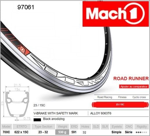 Mach1 Road Runner 700c Rim - 32H - Presta Valve - Rim Brake - Black