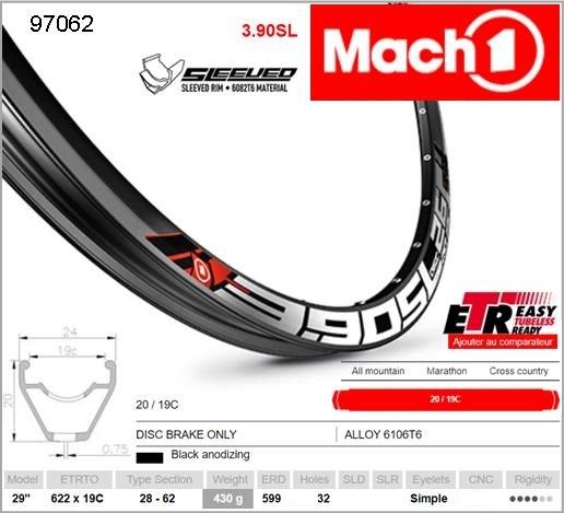 Mach1 3.90 SL 29er Rim - Tubeless Ready, Disc Brake, Eyeleted