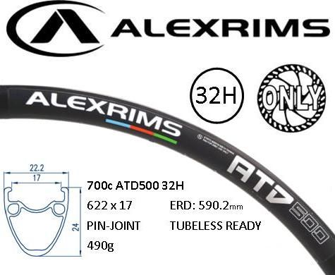 AlexRimsRims ATD500 Disc Brake Rim - 700c x 19mm, Tubeless Ready