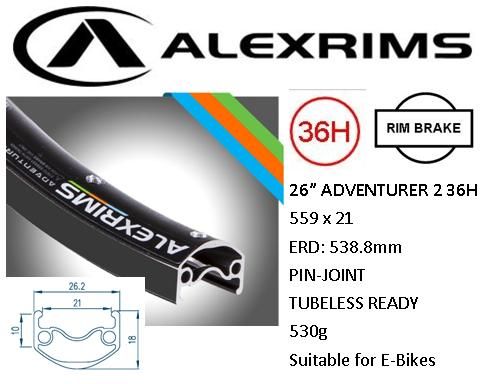 AlexRimsRims Adventurer2 26" Rim - Tubeless, E-Bike Compatible, Black