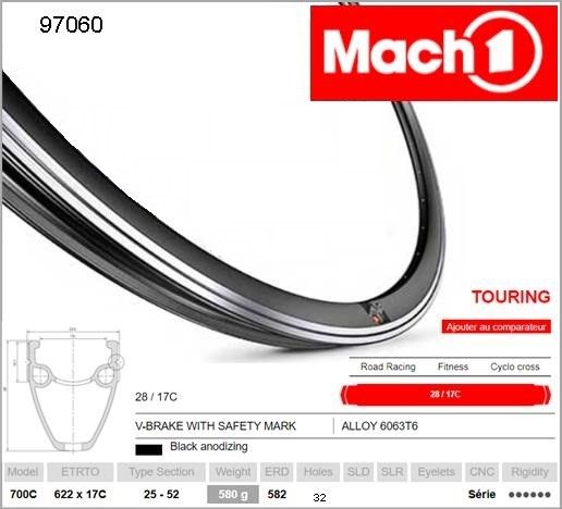 Mach1 TOURING 700c Rim - 32H - Presta Valve - Rim Brake - BLACK