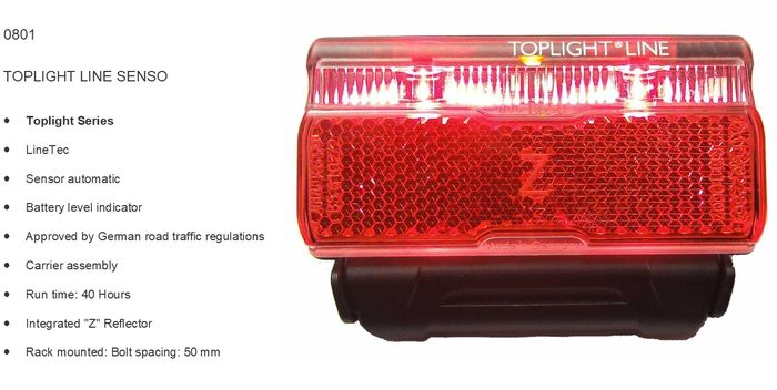 Busch & Muller Toplight Auto Rear Light - Battery Indicator, Rack Mount, Z Reflector