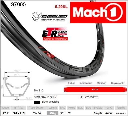 Mach1 5.20 SL 27.5/650B Rim - Tubeless Ready, Disc Brake, Made in France