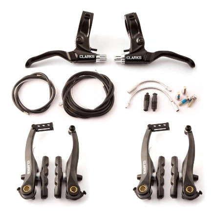 CLARKS V-BrakeSet with Hinged Clamp Levers - 110mm Arms, Cables, Pads, and Guide Pipes - Compatible with Twist and Thumb Shifters