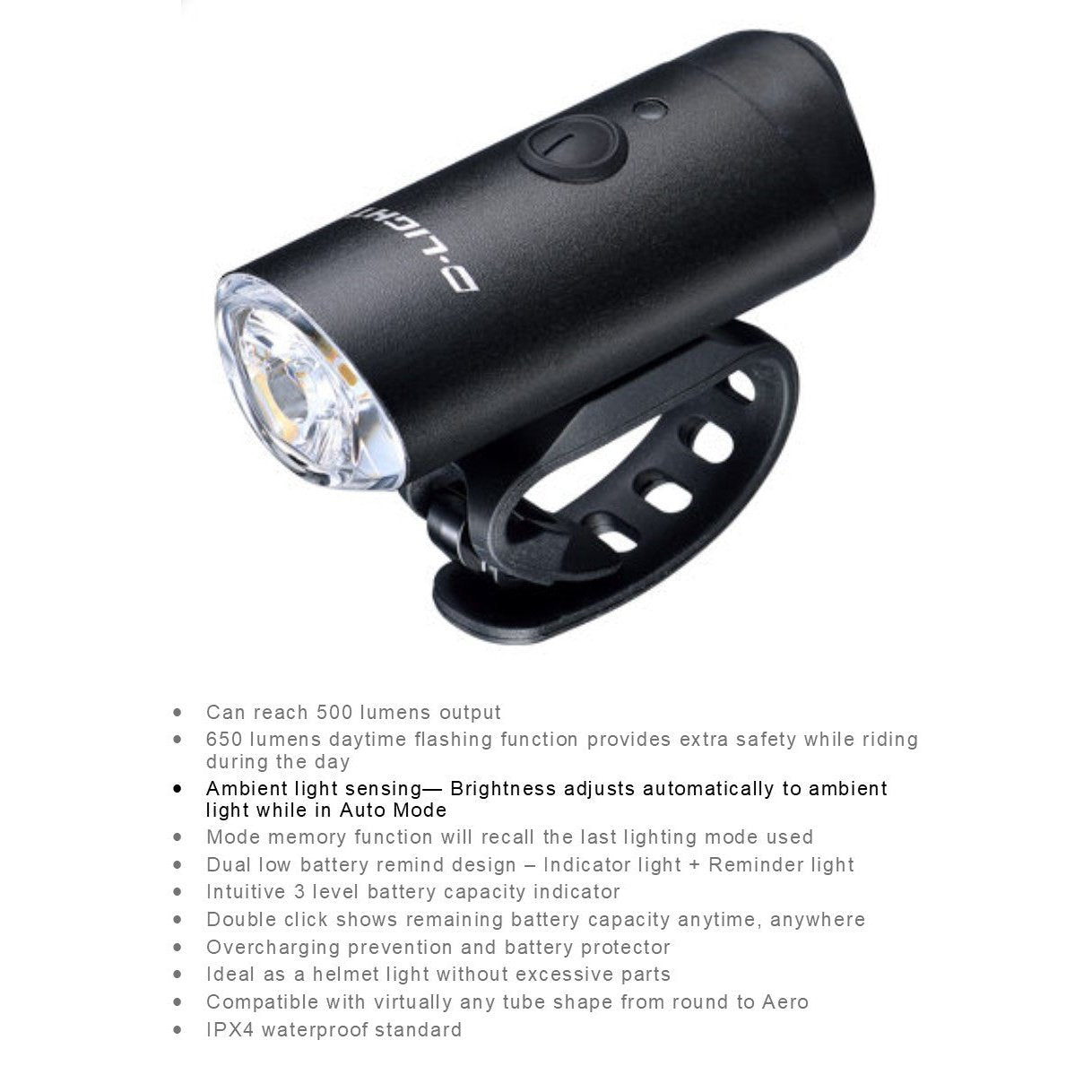 D-Light Headlight 6-Function 10W 500/650L Daytime Flash w/USB Cable