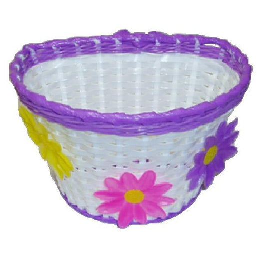 Kids Front Basket - White with Purple Stripe & Flowers