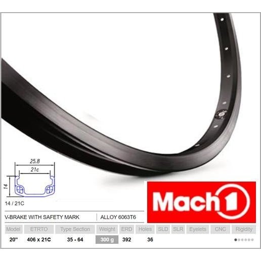 Mach1 110 20" Rim - 36H - Schrader Valve - Rim Brake - BLACK