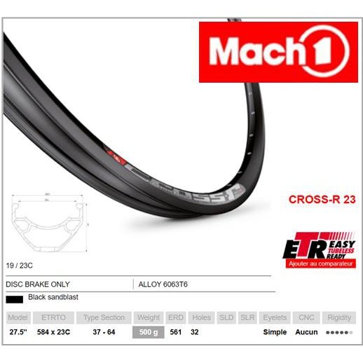 Mach1 CROSS R 23 Rim - 27.5/650B - Disc Brake - Tubeless Ready