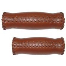 Retro Brown Hand-Stitched Handlebar Grips with Plugs - 92mm + 127mm