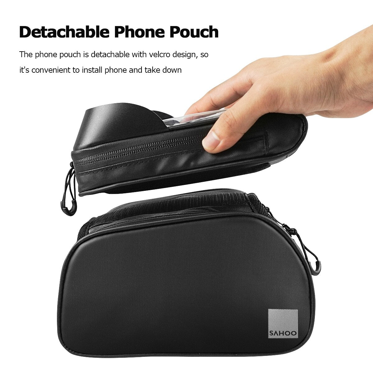 Roswheel SAHOO Top Bar Bag with Removable Phone Holder - Black, Top Tube Mount, 2 Main Pockets, Velcro Straps
