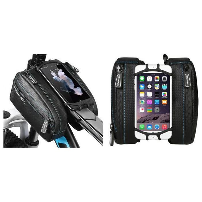 SAHOO Top Bar Bag with Rotating Phone Holder - Black, Top Tube Mount, 2 Main Pockets, Velcro Straps - Ideal for Cycling.
