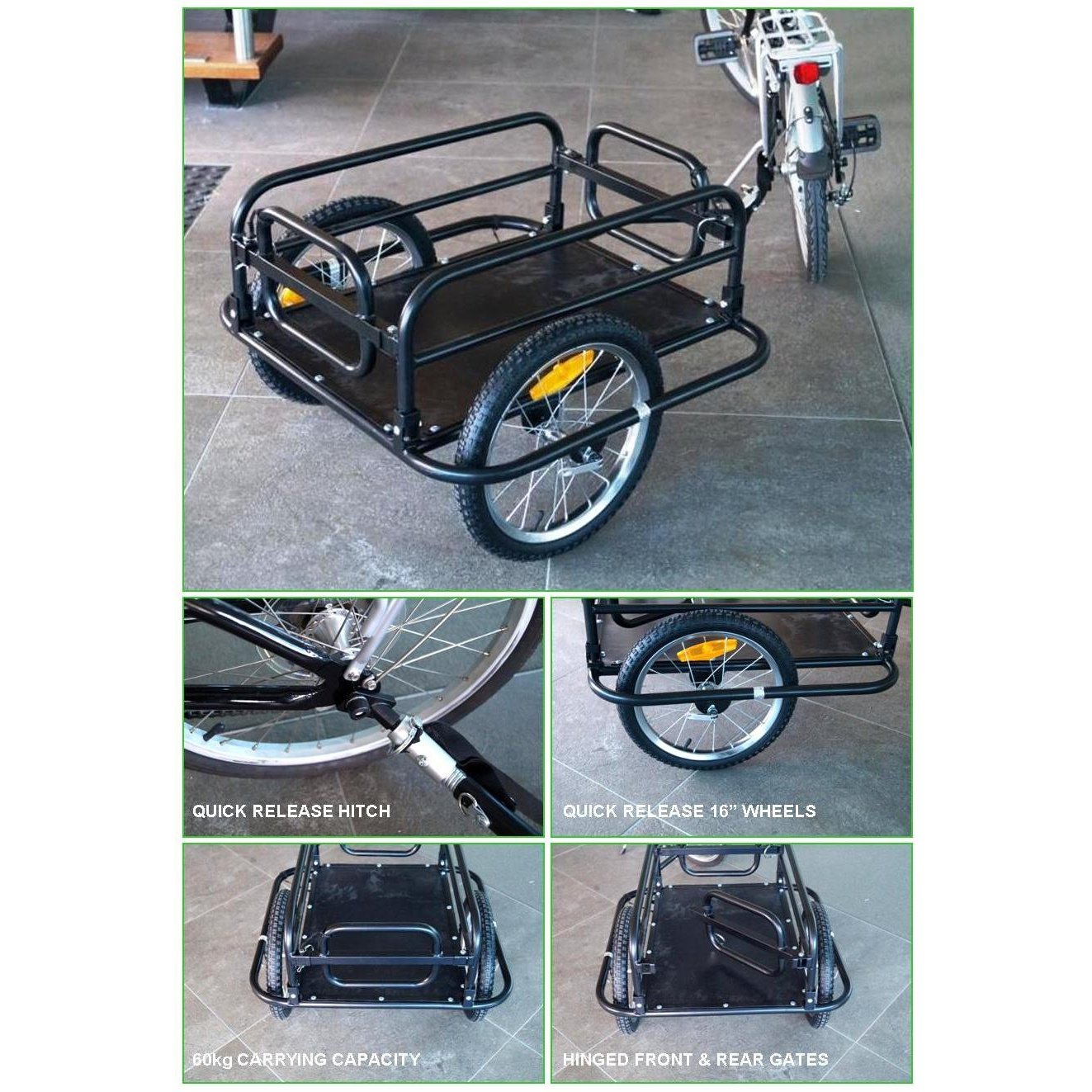 Steel Bicycle Cargo Trailer - Foldable, 16" Wheels, 60kg Capacity