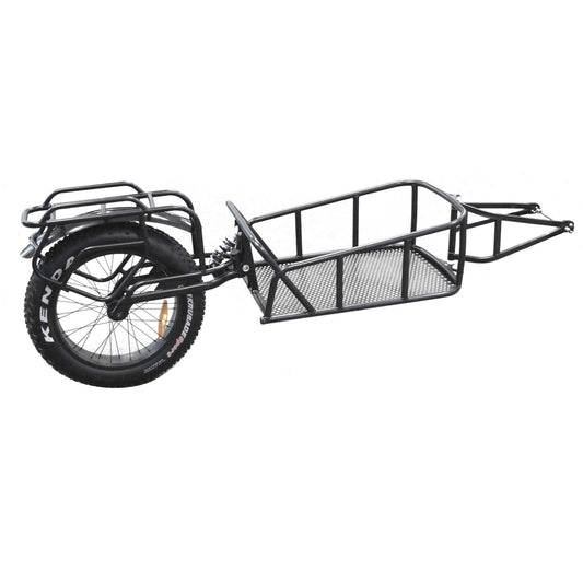 TRAILER - 20" x 4" FAT Single Wheel with Suspension, open cargo hold & Pannier Racks. Steel Frame.MAXIMUM LOAD: 45kg MAX SPEED LOADED: 40kph