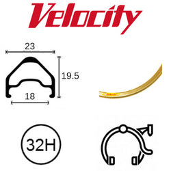 Velocity A23 Gold Rim - 700c x 18mm, 32H, Presta Valve, Rim Brake, MSW