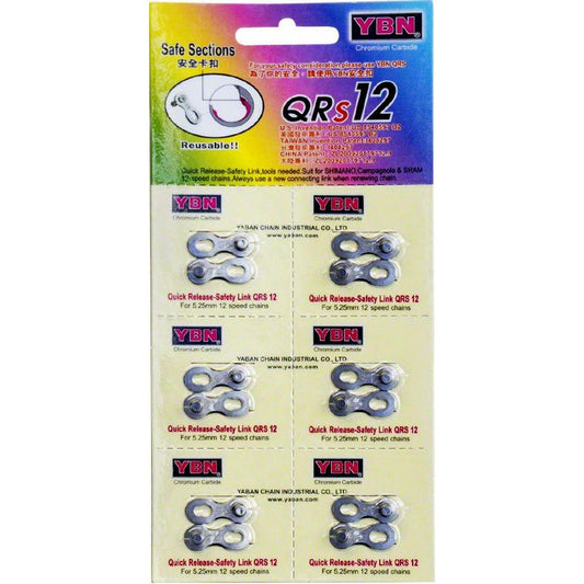 YBN Quick Fix Chain Connector 12 Speed, Silver, 6 pcs/Card, 1/2 x 11/128